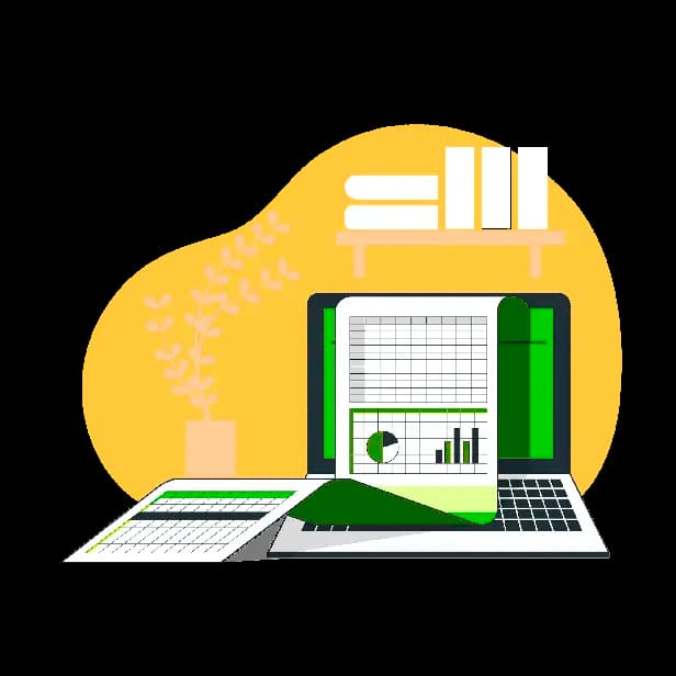 Illustration of a laptop with an Excel document being printed